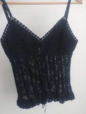 Aria crochet ribbon lace up knit spaghetti strap tank top sheer approx Small